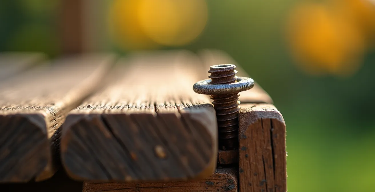 Détail macro d'un assemblage incorrect de mobilier de jardin montrant l'usure prématurée