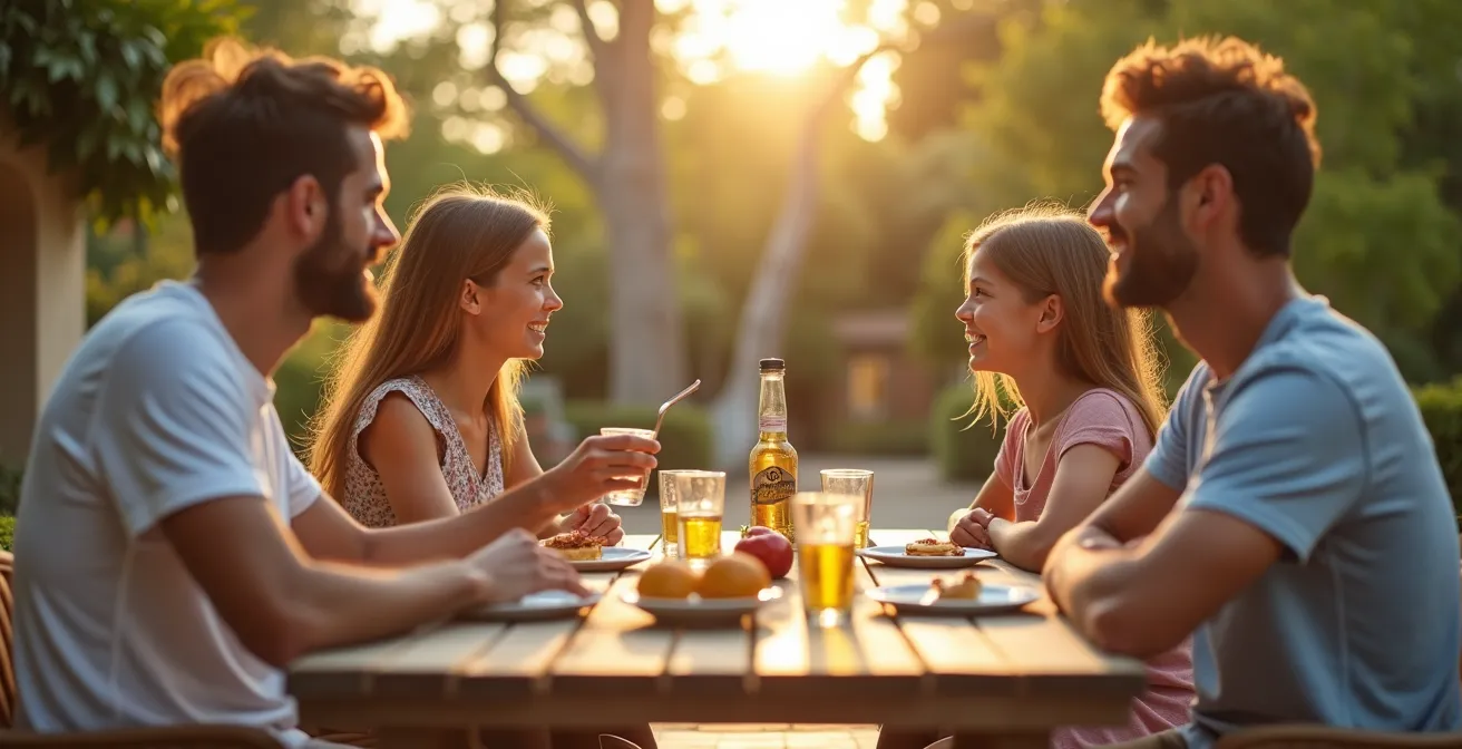 Famille de quatre personnes profitant d'un salon de jardin bien dimensionné lors d'un petit-déjeuner ensoleillé