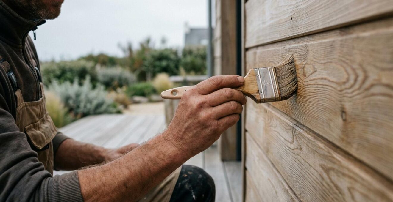 Paysagiste appliquant saturateur sur bardage bois terrasse bretonne