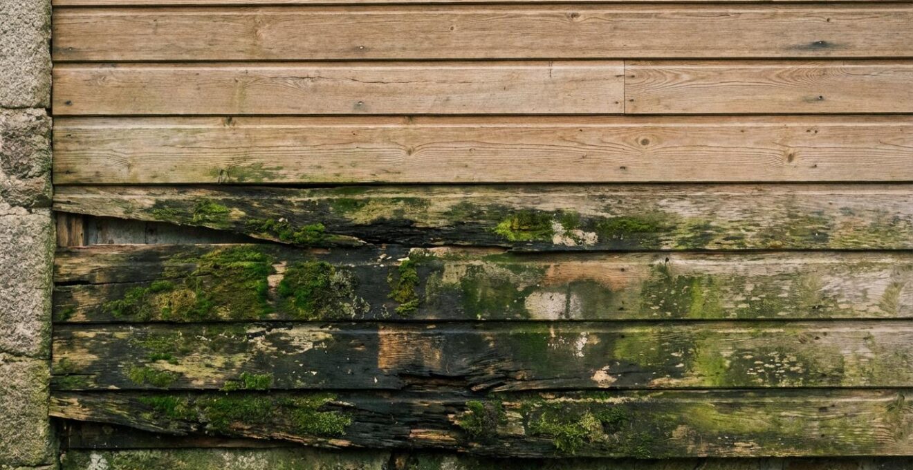 Bardage bois dégradé avec lames basses noircies et déformées par humidité