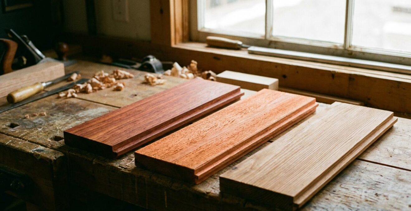 Trois échantillons de bardage bois padouk red cedar mélèze sur établi