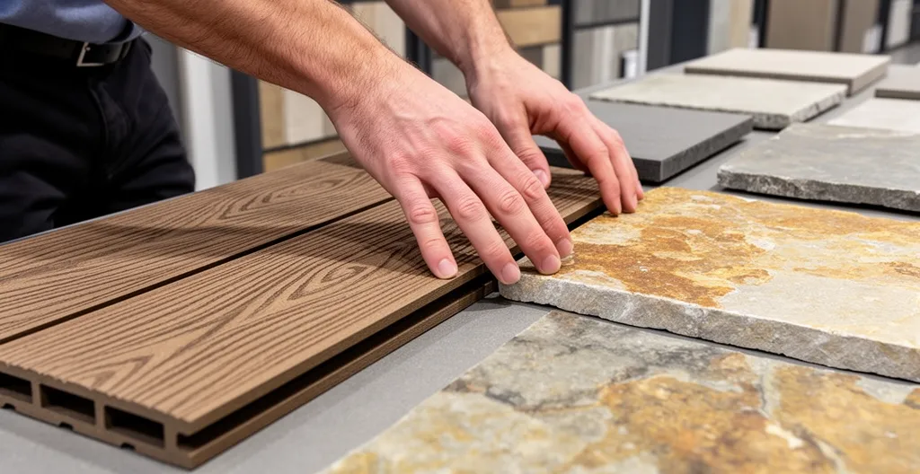Mains comparant différents échantillons de matériaux de terrasse en showroom