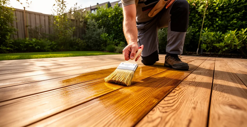Personne appliquant un saturateur sur une terrasse en bois avec un pinceau large