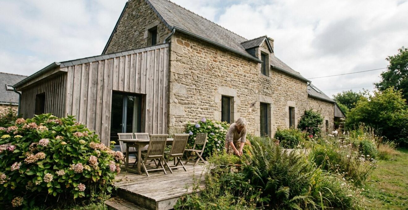 Bardage bois grisaillé sur maison bretonne avec terrasse exposée et hortensias