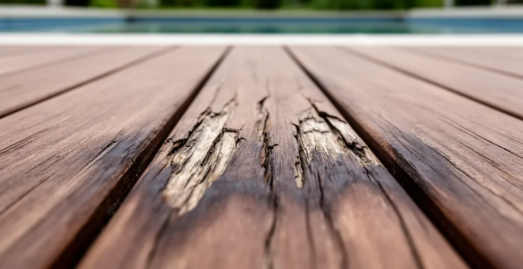 Détail margelle bois de piscine montrant noircissement et dégradation par humidité