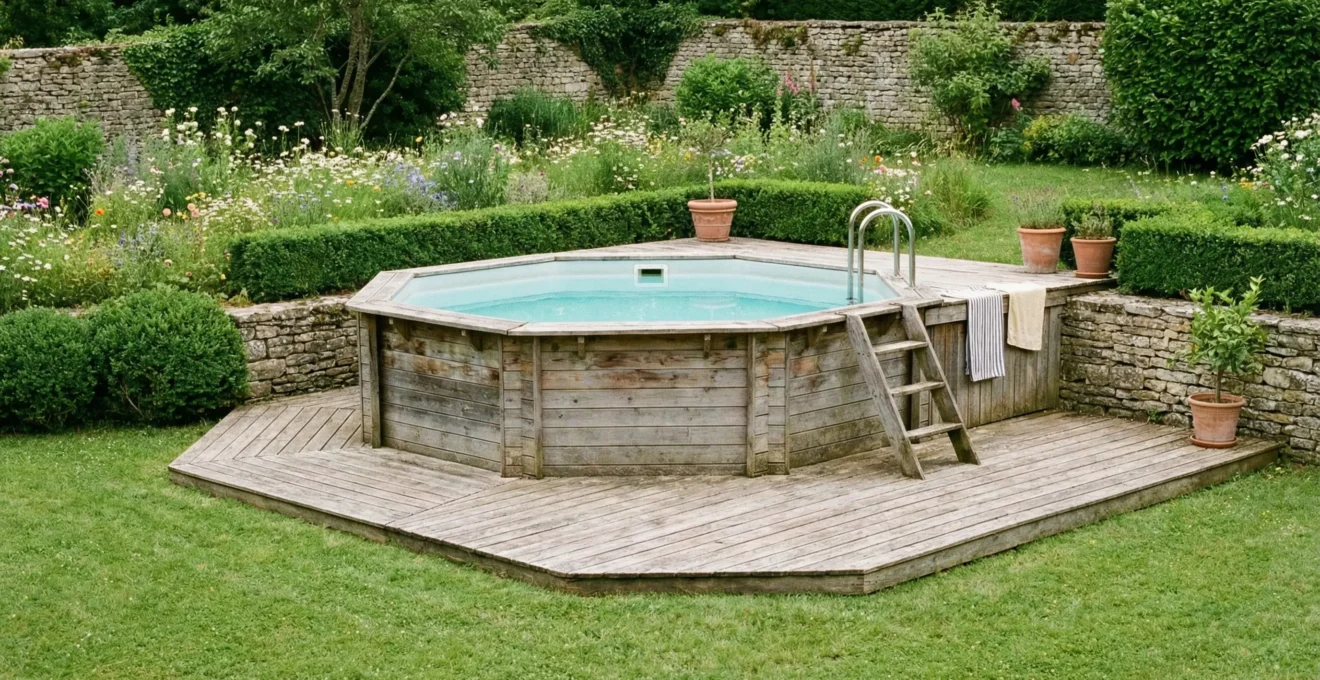 Piscine bois octogonale intégrée dans jardin français avec margelles visibles