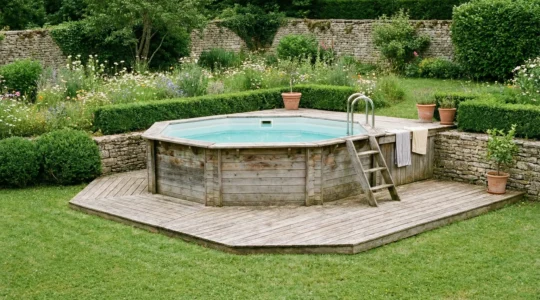 Piscine bois octogonale intégrée dans jardin français avec margelles visibles
