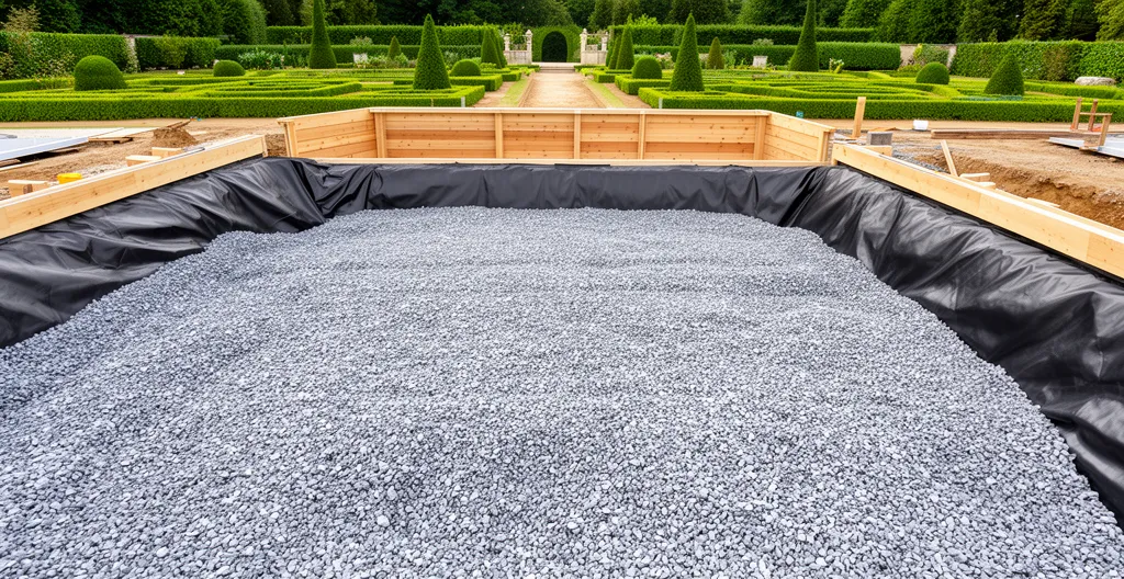 Sol préparé pour installation piscine avec géotextile noir et couche de gravier drainant