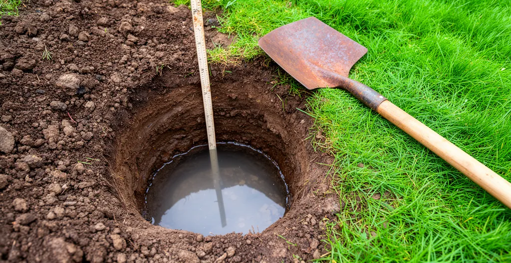 Trou de test de percolation dans sol de jardin avec eau et mètre de mesure